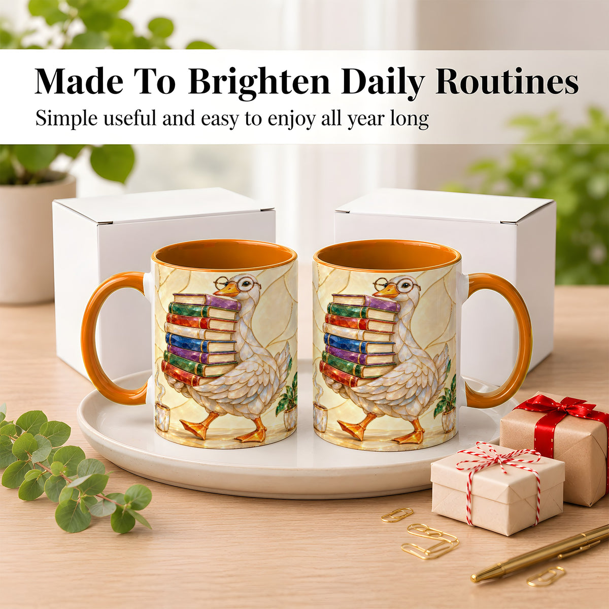 #pl[11oz|Orange] Bookish Goose Coffee Mug, Reading Bird Mug, Ceramic Cup