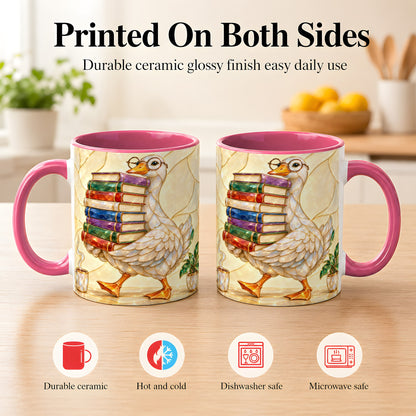 #pl[11oz|Pink] Bookish Goose Coffee Mug, Reading Bird Mug, Ceramic Cup