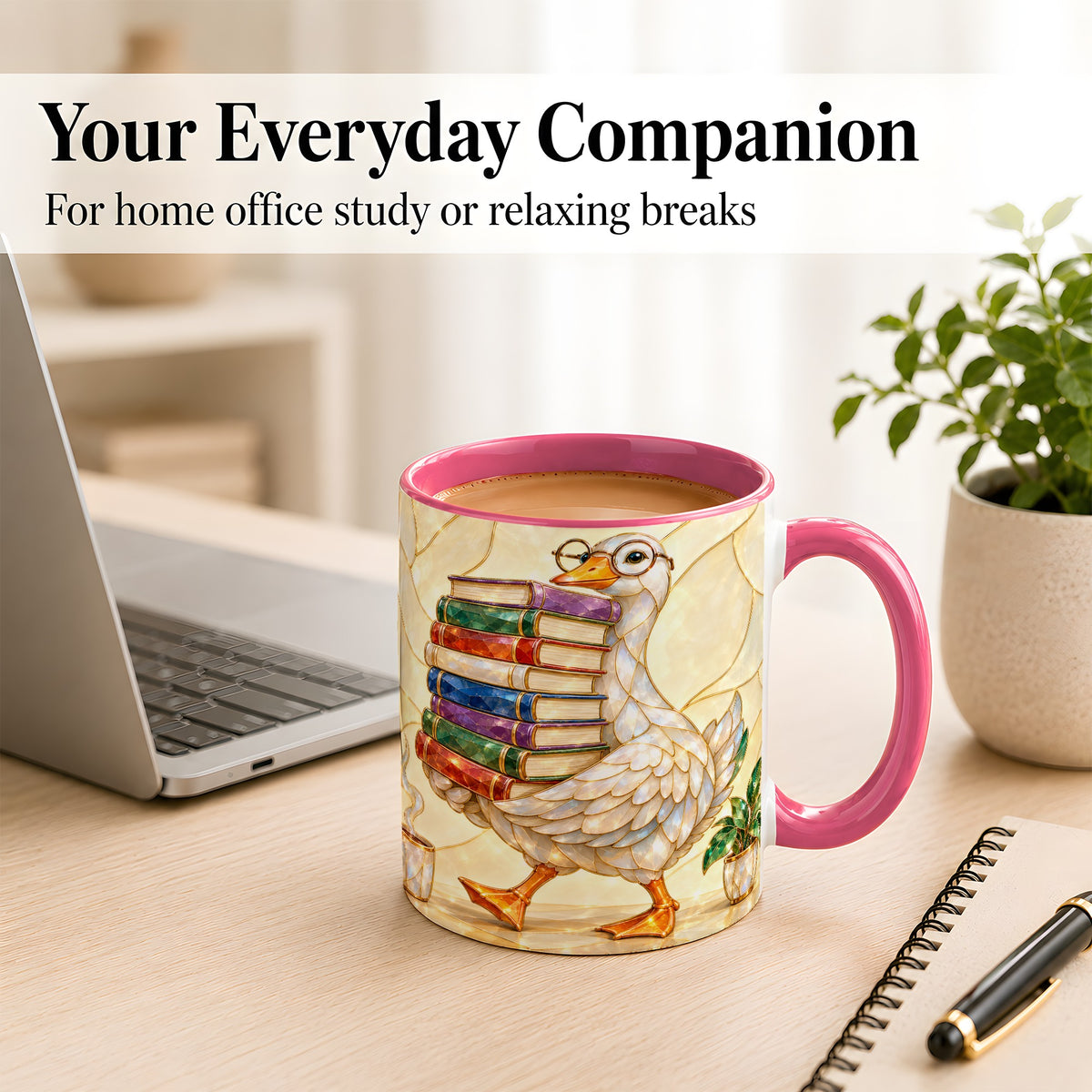 #pl[11oz|Pink] Bookish Goose Coffee Mug, Reading Bird Mug, Ceramic Cup