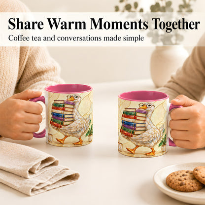 #pl[11oz|Pink] Bookish Goose Coffee Mug, Reading Bird Mug, Ceramic Cup