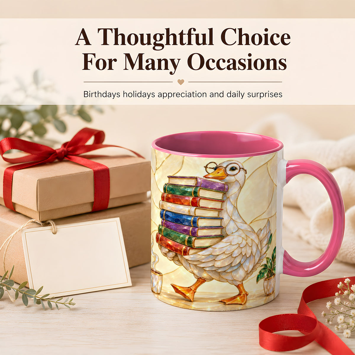 #pl[11oz|Pink] Bookish Goose Coffee Mug, Reading Bird Mug, Ceramic Cup