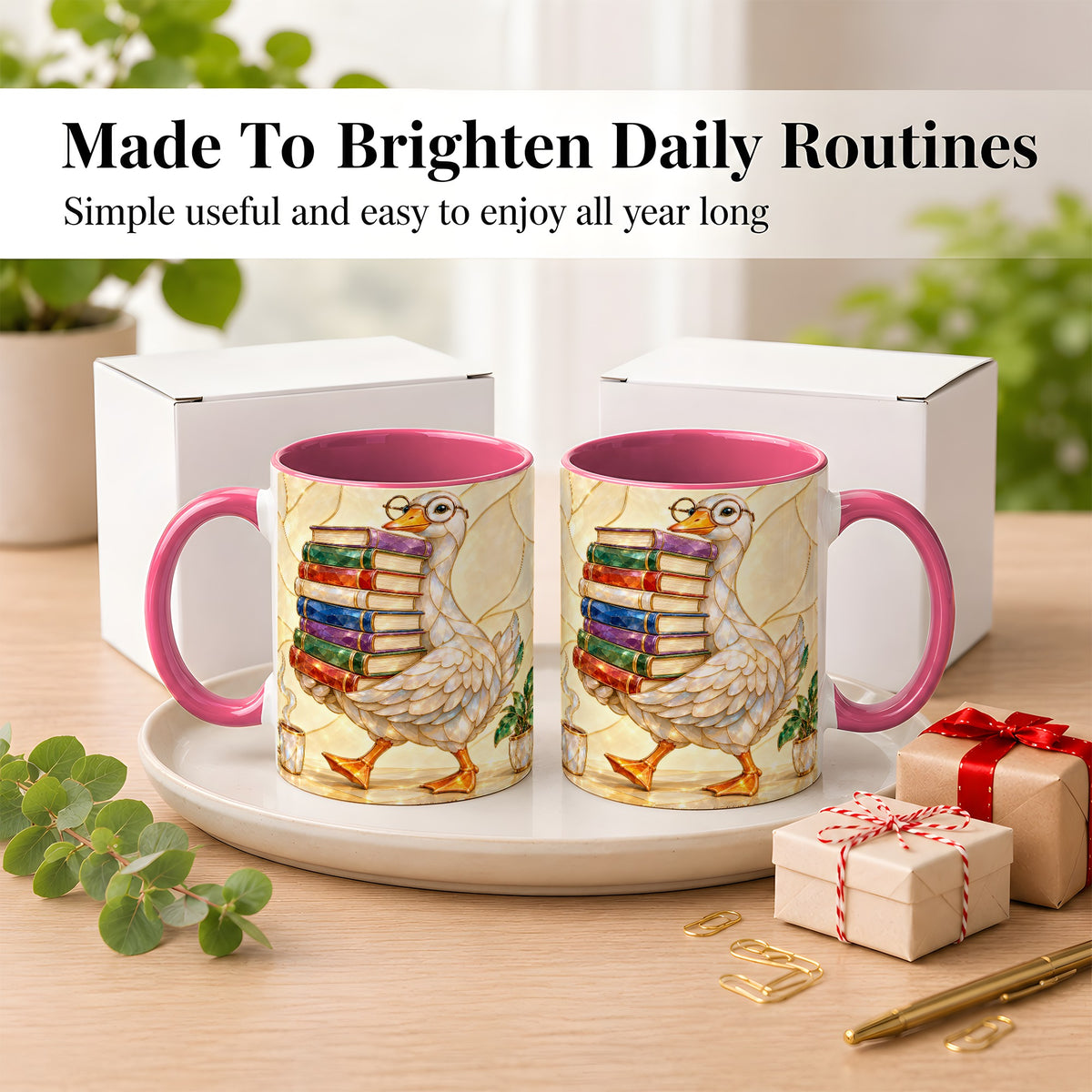 #pl[11oz|Pink] Bookish Goose Coffee Mug, Reading Bird Mug, Ceramic Cup