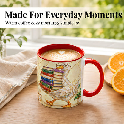 #pl[11oz|Red] Bookish Goose Coffee Mug, Reading Bird Mug, Ceramic Cup