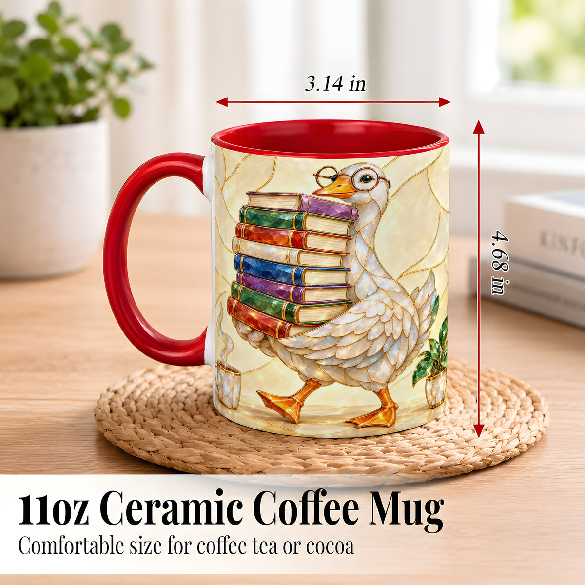 #pl[11oz|Red] Bookish Goose Coffee Mug, Reading Bird Mug, Ceramic Cup