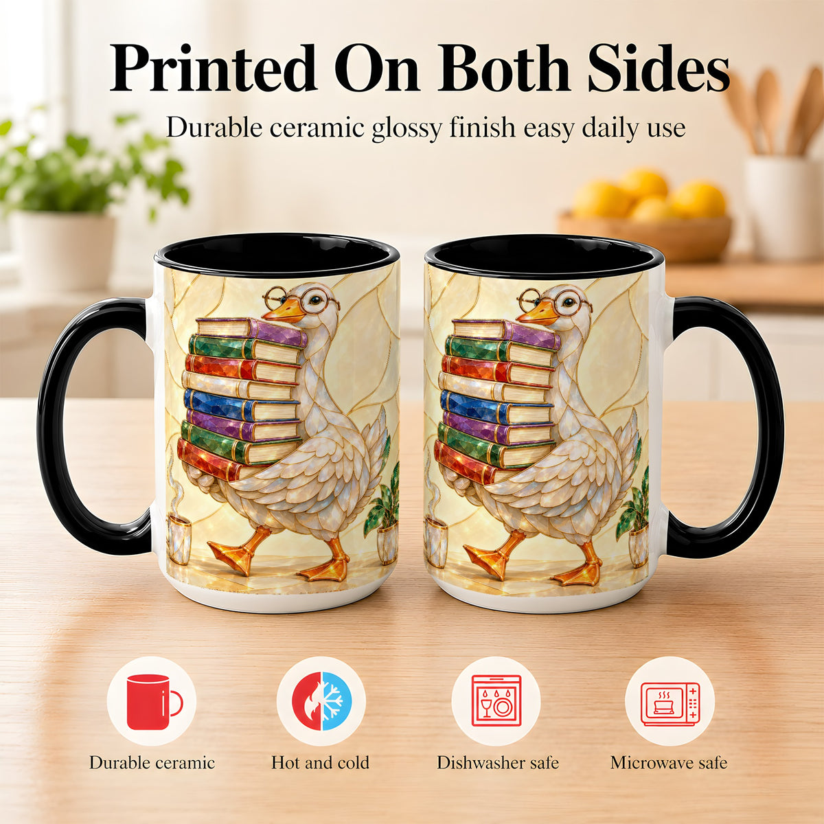 #pl[15oz|Black] Bookish Goose Coffee Mug, Reading Bird Mug, Ceramic Cup