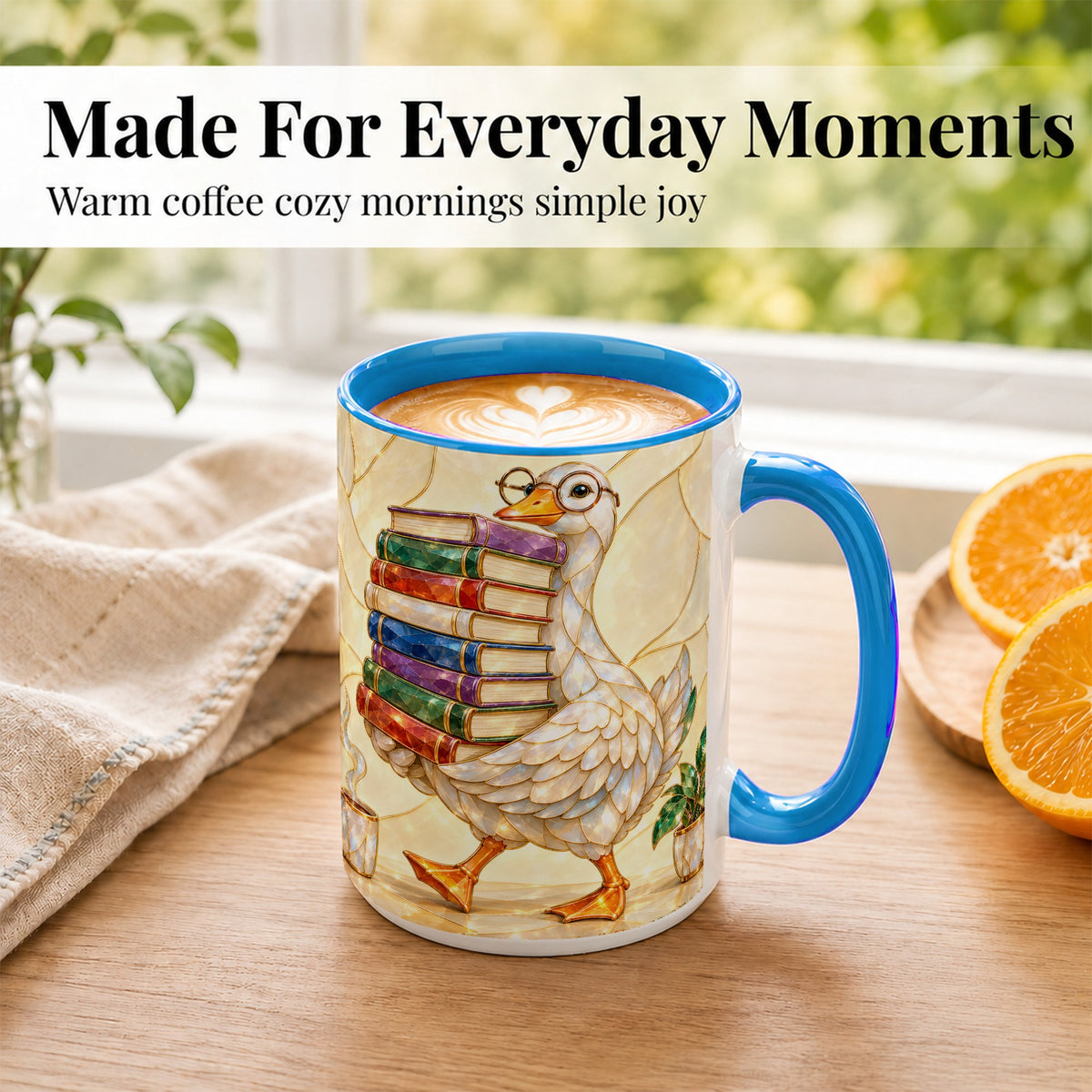 #pl[15oz|Blue] Bookish Goose Coffee Mug, Reading Bird Mug, Ceramic Cup
