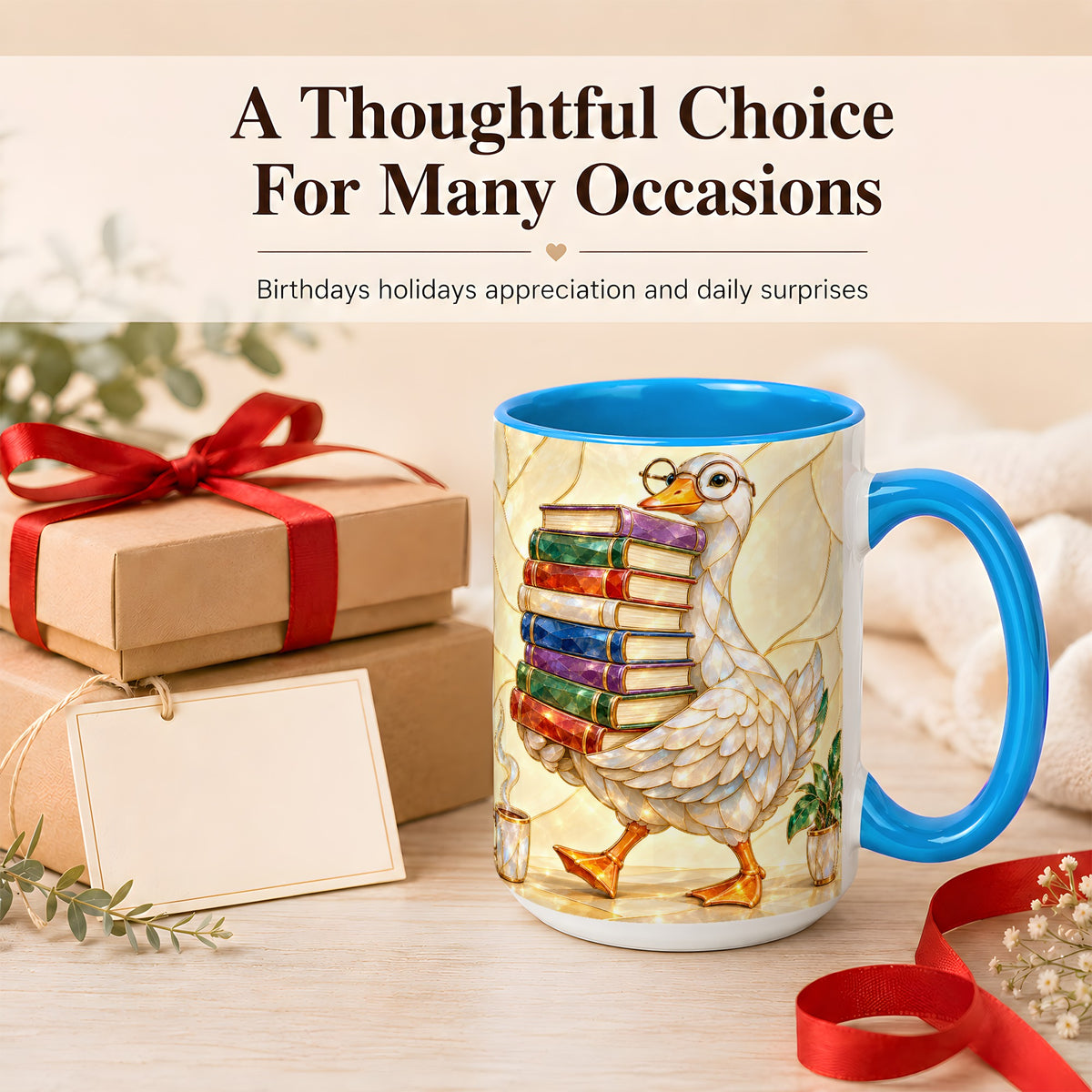 #pl[15oz|Blue] Bookish Goose Coffee Mug, Reading Bird Mug, Ceramic Cup