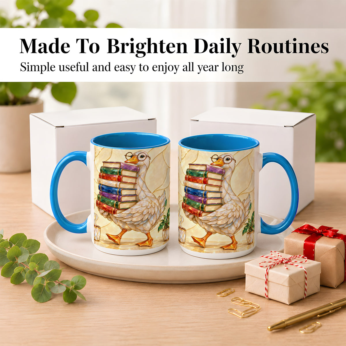 #pl[15oz|Blue] Bookish Goose Coffee Mug, Reading Bird Mug, Ceramic Cup