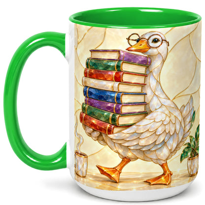 #pl[15oz|Green] Bookish Goose Coffee Mug, Reading Bird Mug, Ceramic Cup