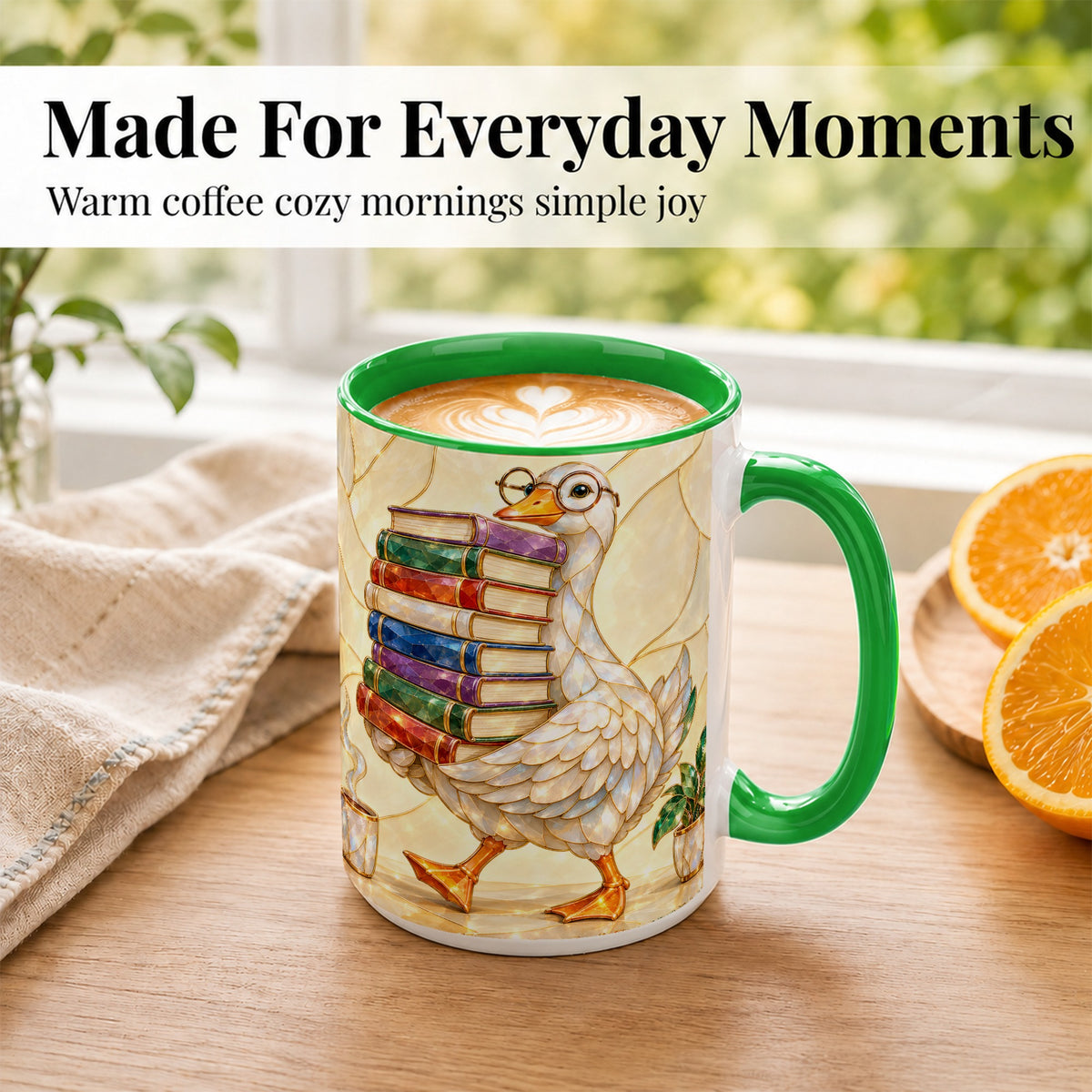 #pl[15oz|Green] Bookish Goose Coffee Mug, Reading Bird Mug, Ceramic Cup