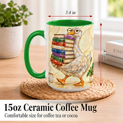 #pl[15oz|Green] Bookish Goose Coffee Mug, Reading Bird Mug, Ceramic Cup