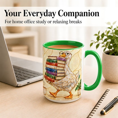 #pl[15oz|Green] Bookish Goose Coffee Mug, Reading Bird Mug, Ceramic Cup