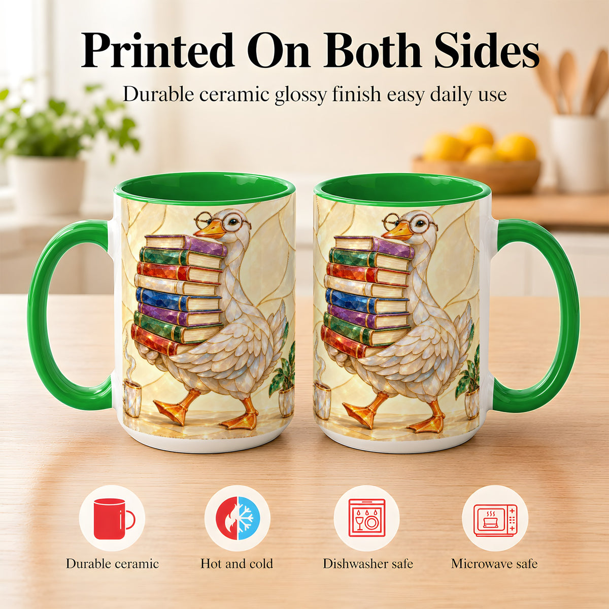 #pl[15oz|Green] Bookish Goose Coffee Mug, Reading Bird Mug, Ceramic Cup