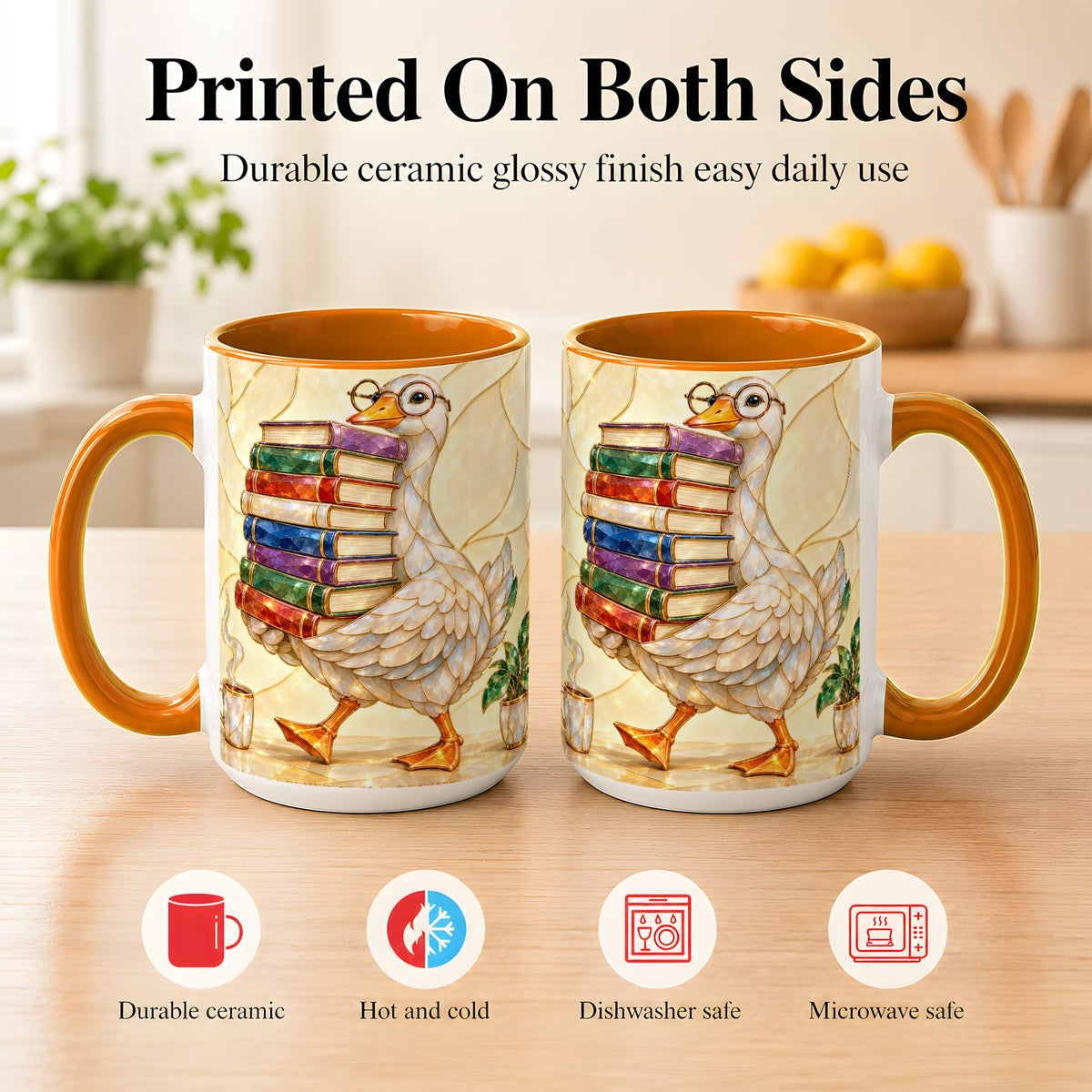 #pl[15oz|Orange] Bookish Goose Coffee Mug, Reading Bird Mug, Ceramic Cup