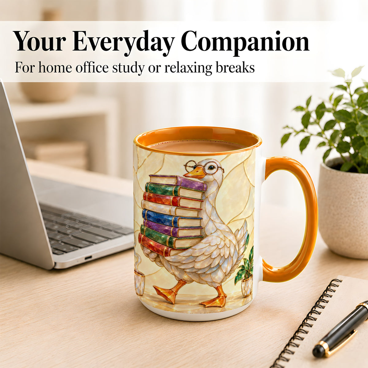 #pl[15oz|Orange] Bookish Goose Coffee Mug, Reading Bird Mug, Ceramic Cup
