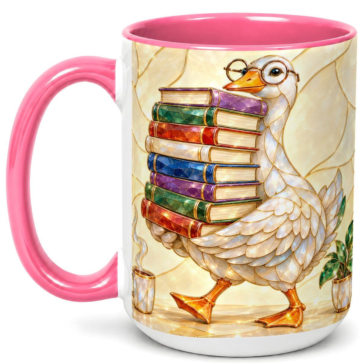#pl[15oz|Pink] Bookish Goose Coffee Mug, Reading Bird Mug, Ceramic Cup