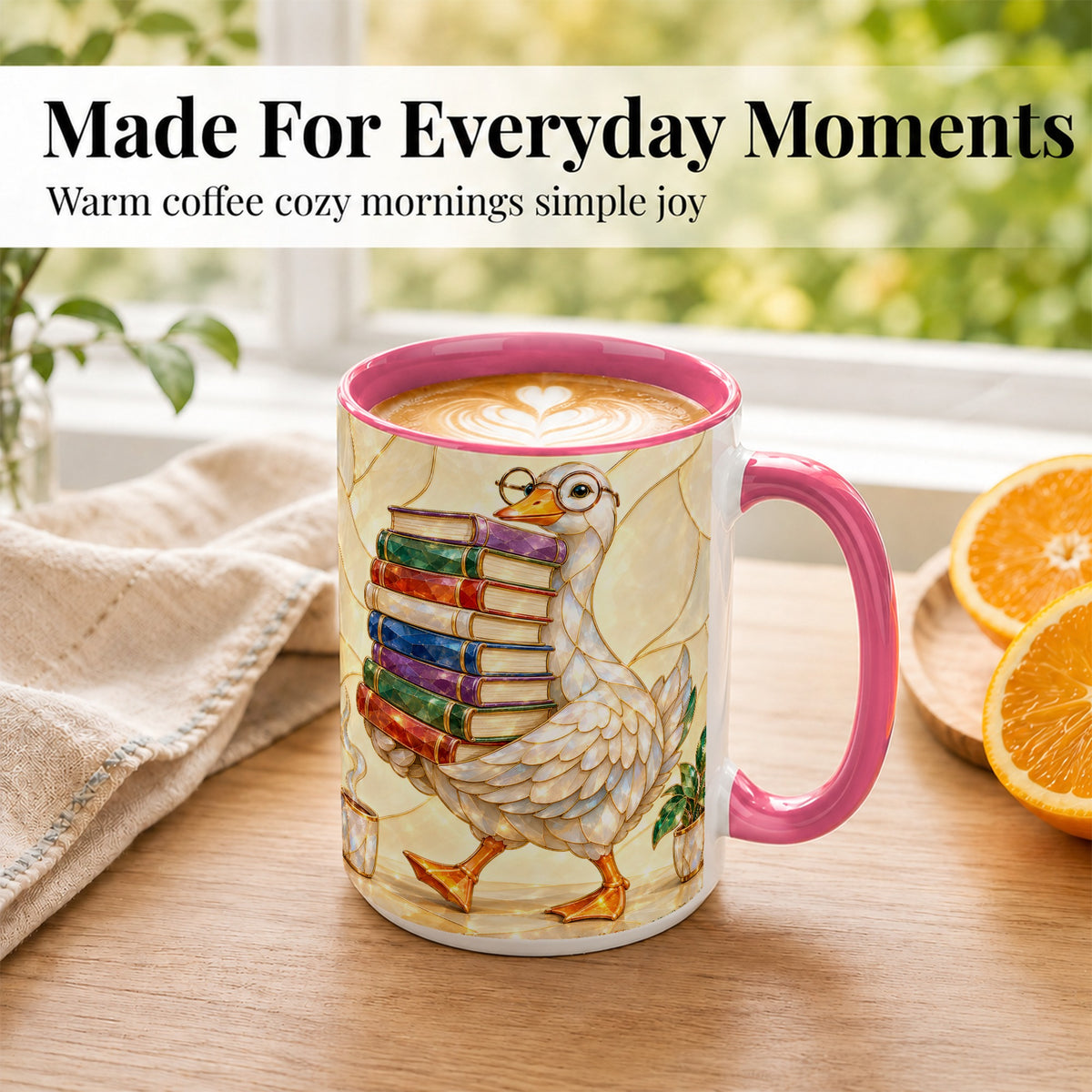 #pl[15oz|Pink] Bookish Goose Coffee Mug, Reading Bird Mug, Ceramic Cup