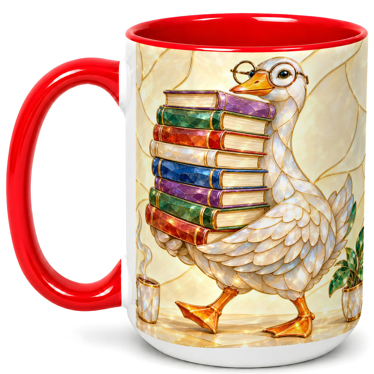 #pl[15oz|Red] Bookish Goose Coffee Mug, Reading Bird Mug, Ceramic Cup