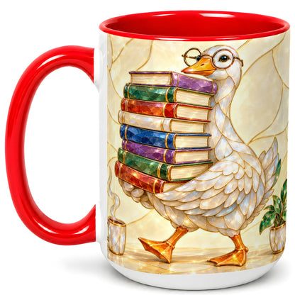 #pl[15oz|Red] Bookish Goose Coffee Mug, Reading Bird Mug, Ceramic Cup