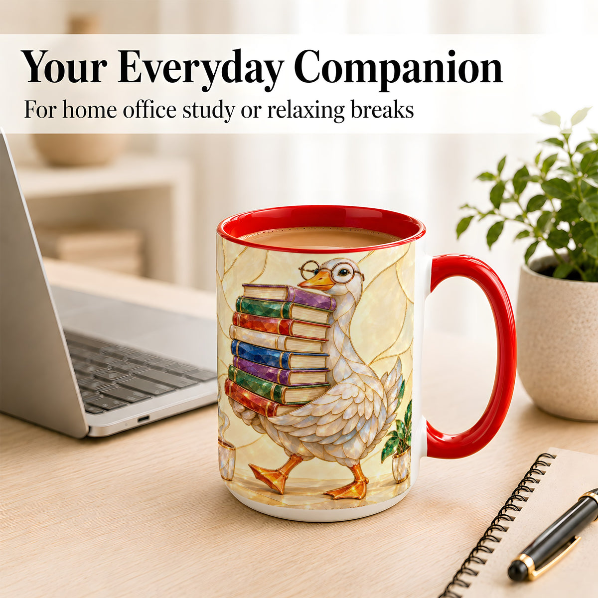 #pl[15oz|Red] Bookish Goose Coffee Mug, Reading Bird Mug, Ceramic Cup