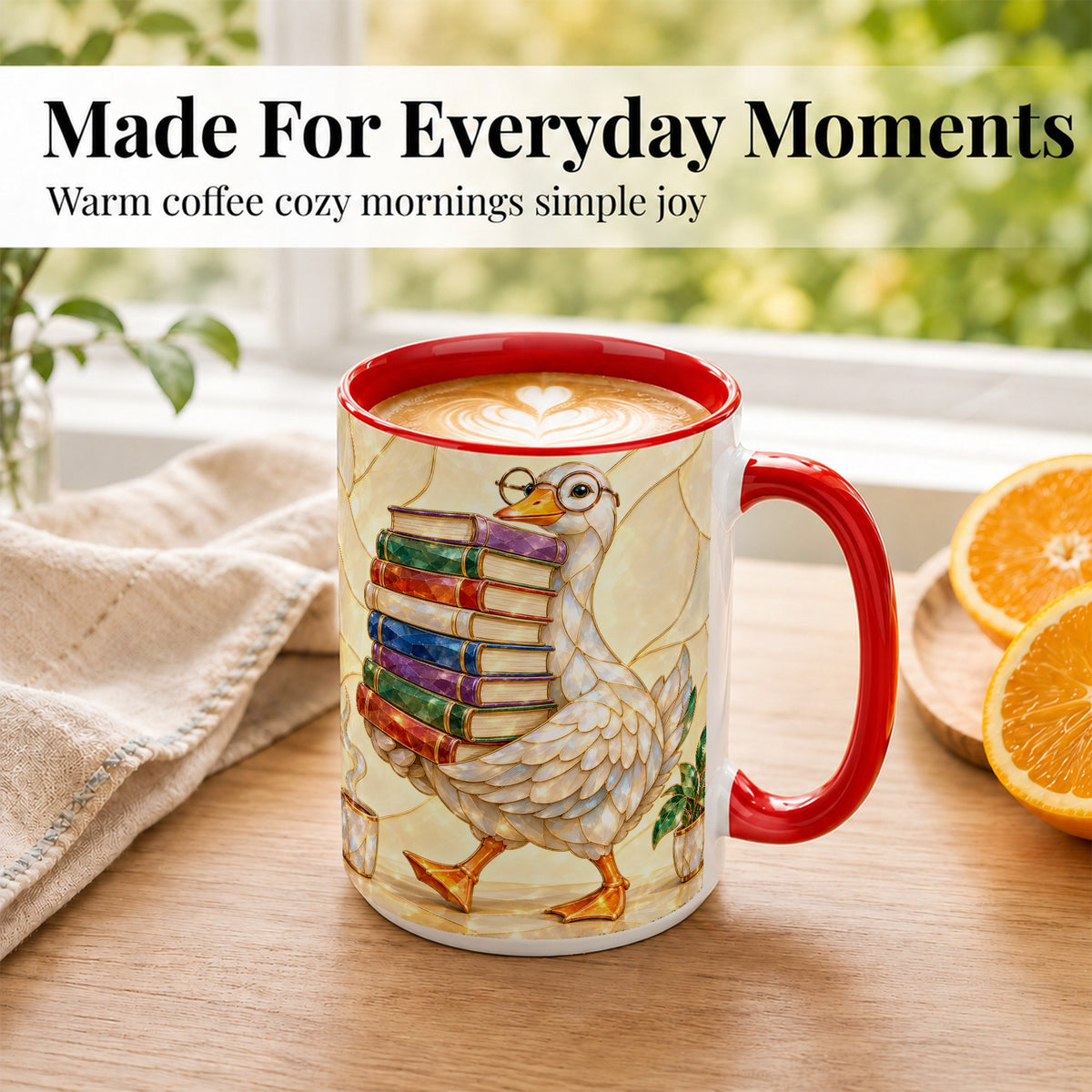 #pl[15oz|Red] Bookish Goose Coffee Mug, Reading Bird Mug, Ceramic Cup