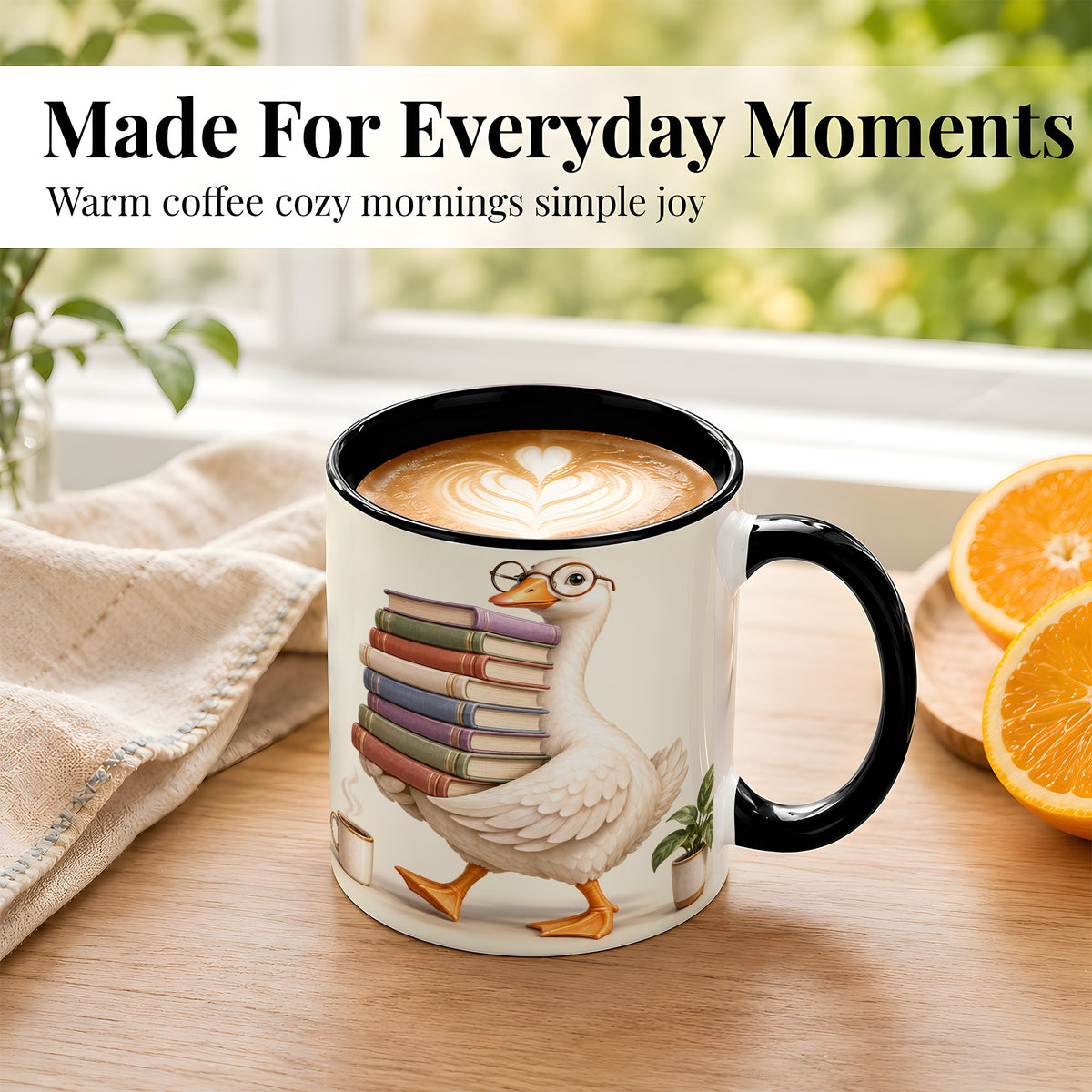 #pl[11oz|Black] Reading Goose Coffee Mug, Book Stack Mug, Ceramic Cup