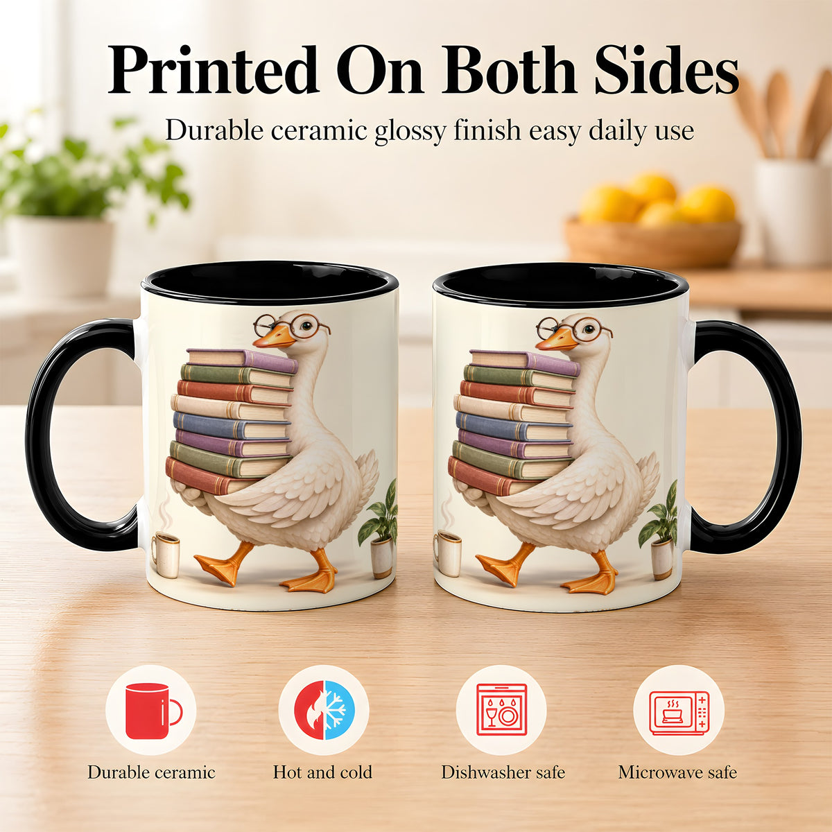 #pl[11oz|Black] Reading Goose Coffee Mug, Book Stack Mug, Ceramic Cup