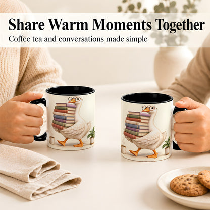 #pl[11oz|Black] Reading Goose Coffee Mug, Book Stack Mug, Ceramic Cup