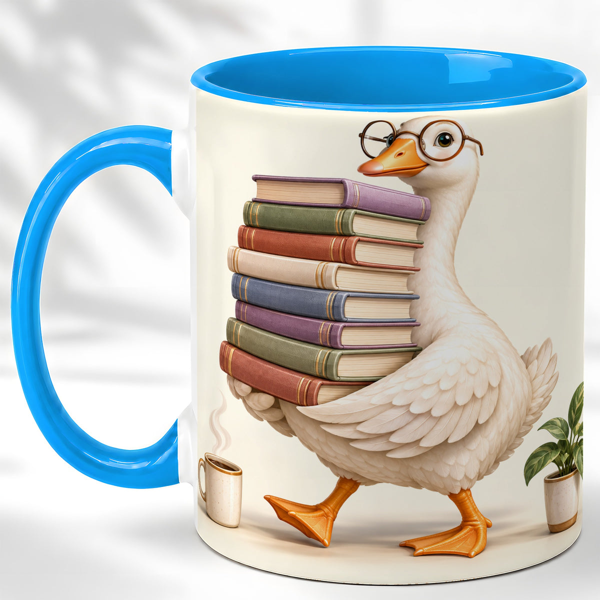 #pl[11oz|Blue] Reading Goose Coffee Mug, Book Stack Mug, Ceramic Cup