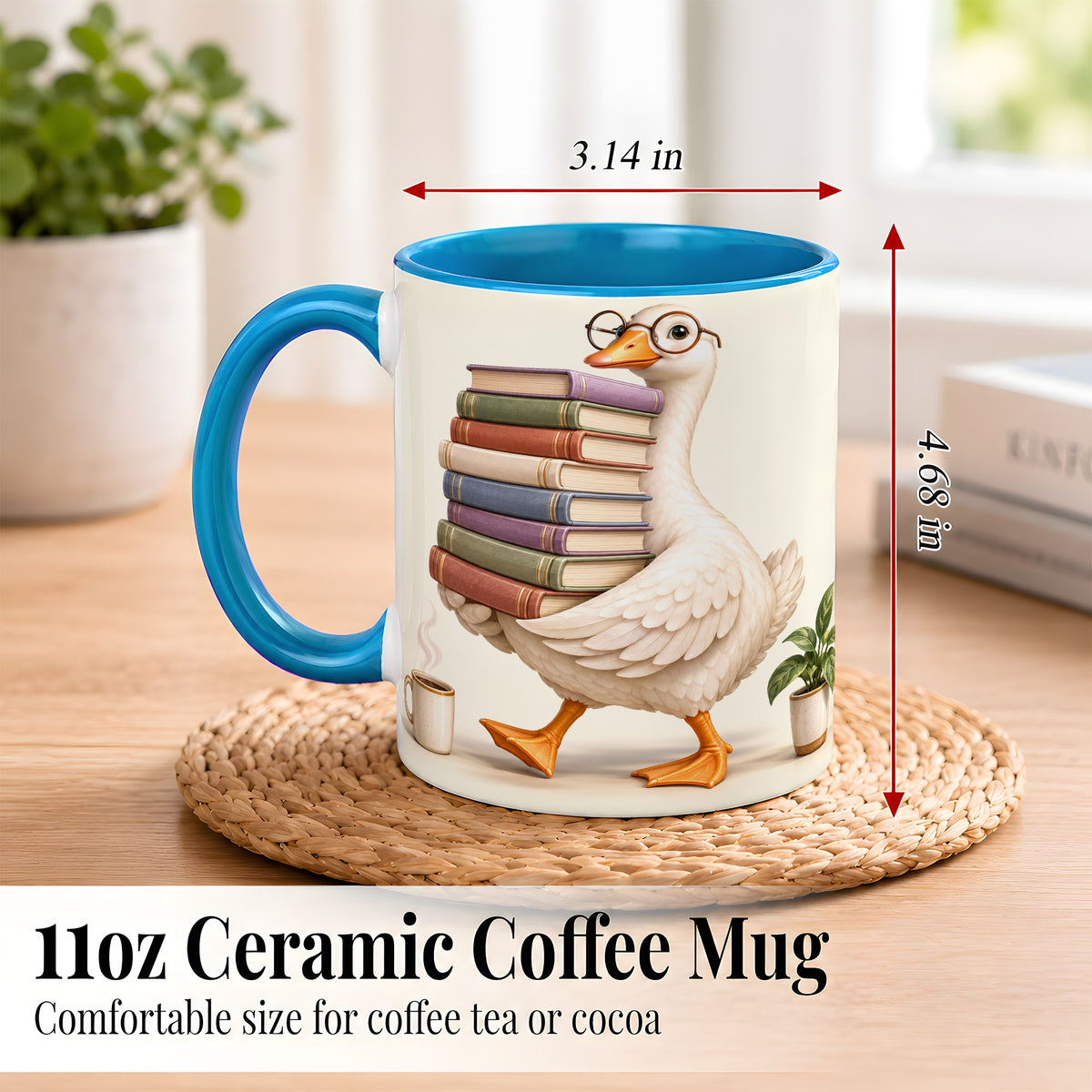#pl[11oz|Blue] Reading Goose Coffee Mug, Book Stack Mug, Ceramic Cup