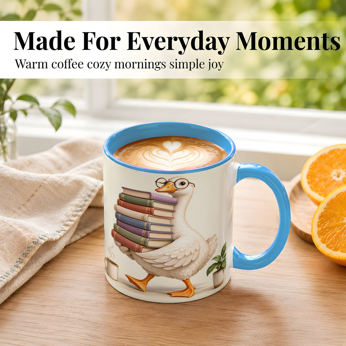#pl[11oz|Blue] Reading Goose Coffee Mug, Book Stack Mug, Ceramic Cup