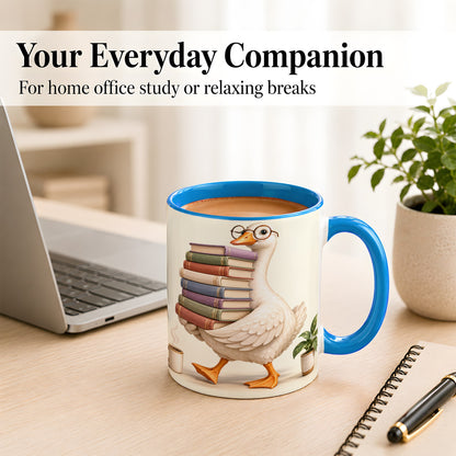 #pl[11oz|Blue] Reading Goose Coffee Mug, Book Stack Mug, Ceramic Cup