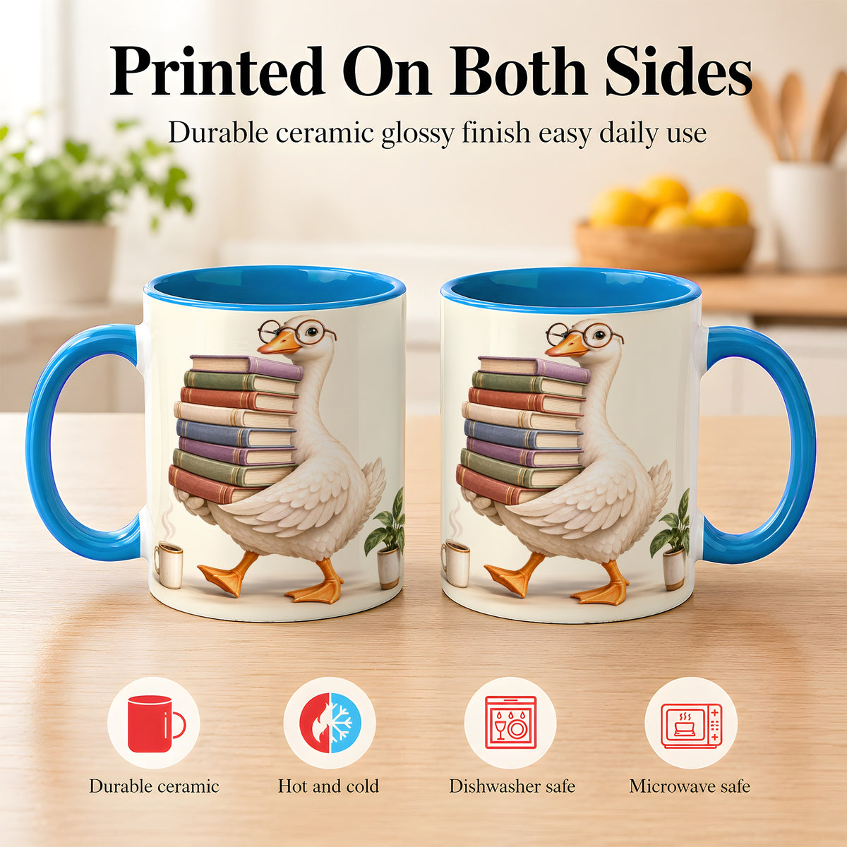 #pl[11oz|Blue] Reading Goose Coffee Mug, Book Stack Mug, Ceramic Cup