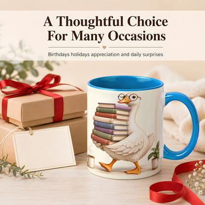 #pl[11oz|Blue] Reading Goose Coffee Mug, Book Stack Mug, Ceramic Cup