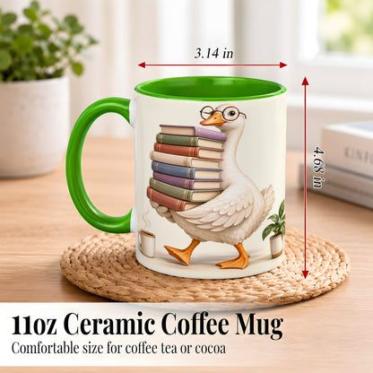 #pl[11oz|Green] Reading Goose Coffee Mug, Book Stack Mug, Ceramic Cup