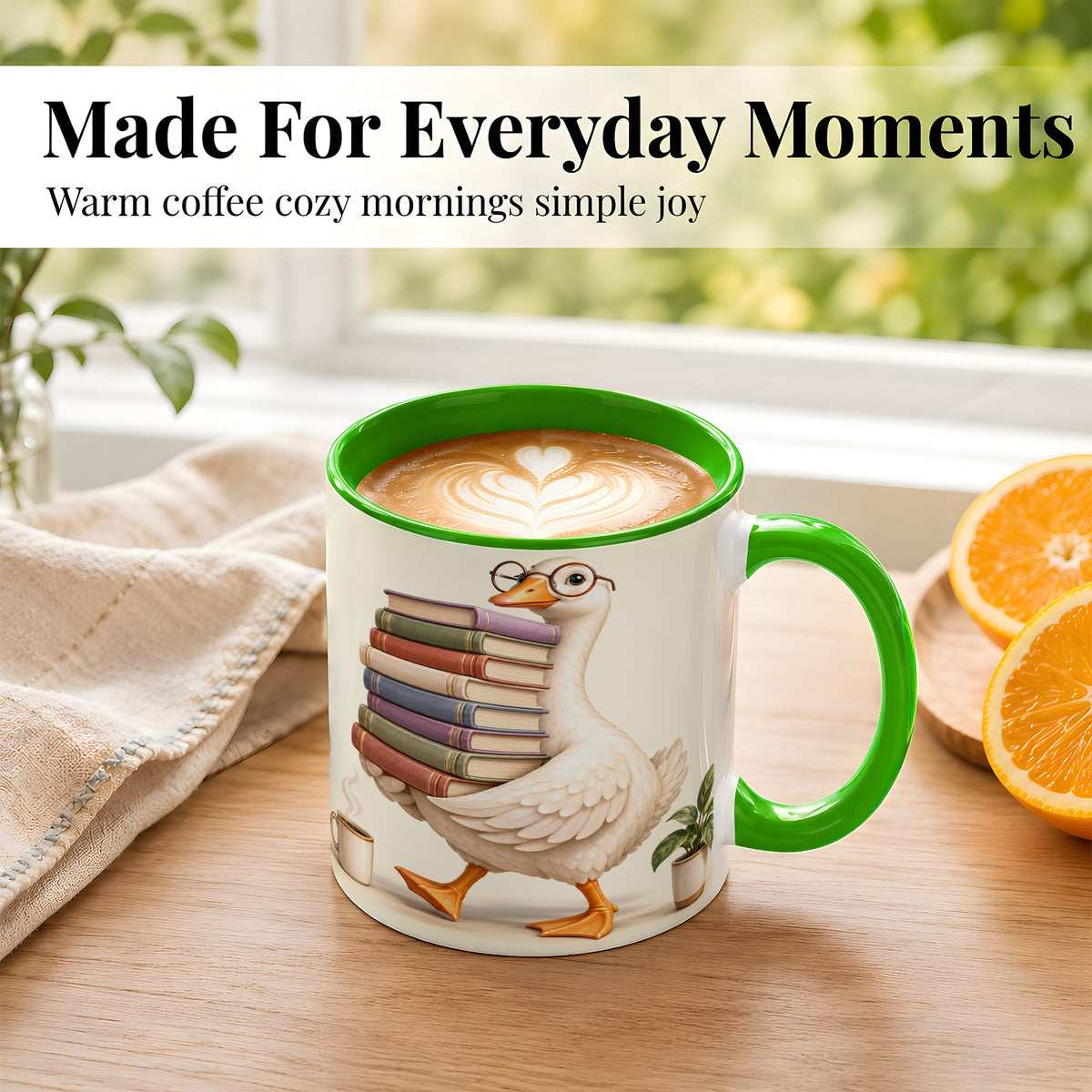 #pl[11oz|Green] Reading Goose Coffee Mug, Book Stack Mug, Ceramic Cup