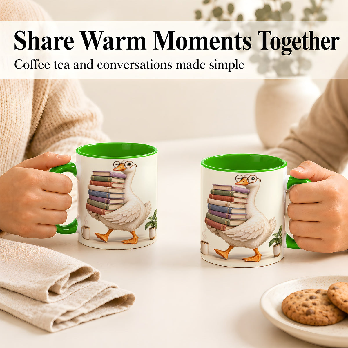#pl[11oz|Green] Reading Goose Coffee Mug, Book Stack Mug, Ceramic Cup
