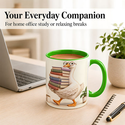 #pl[11oz|Green] Reading Goose Coffee Mug, Book Stack Mug, Ceramic Cup