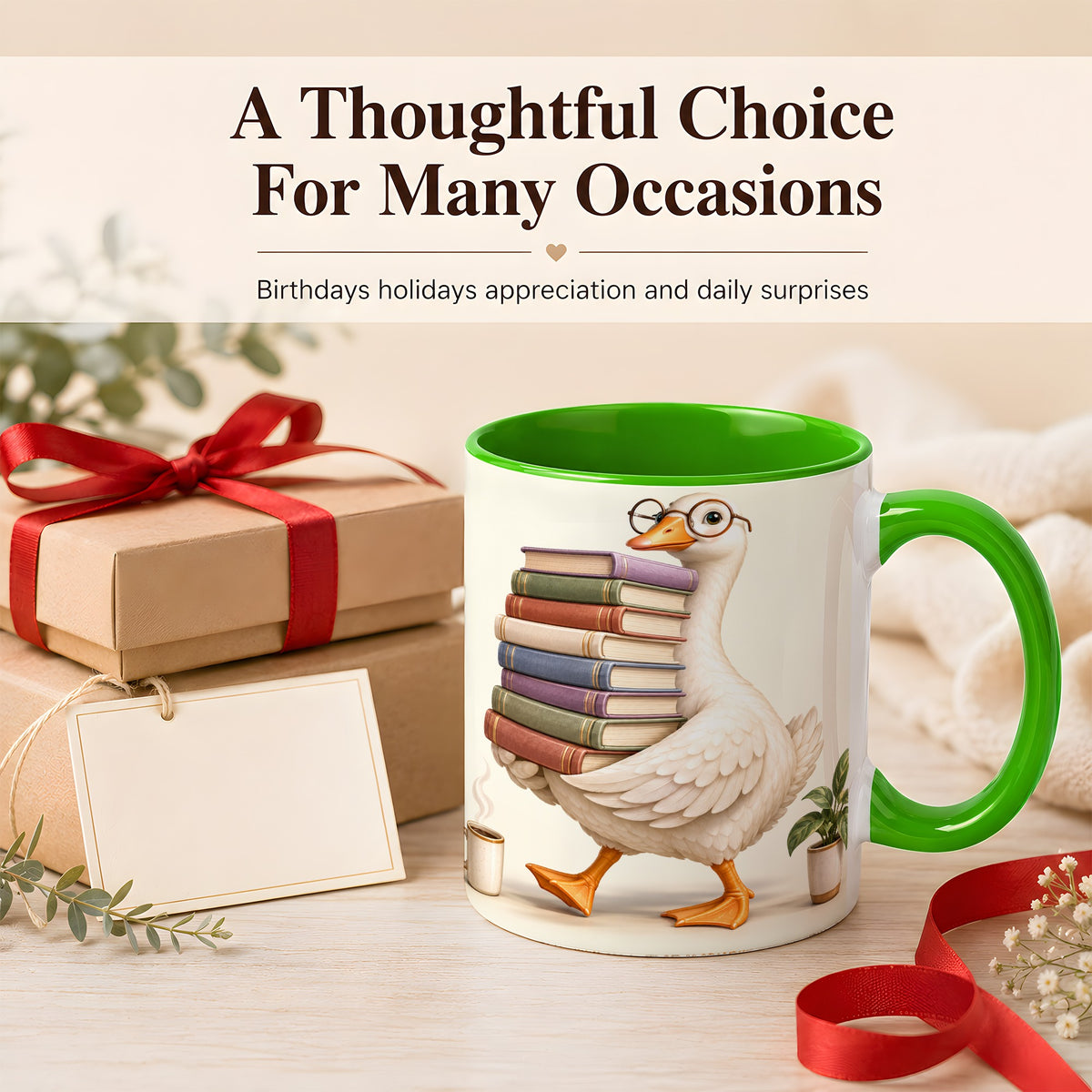#pl[11oz|Green] Reading Goose Coffee Mug, Book Stack Mug, Ceramic Cup