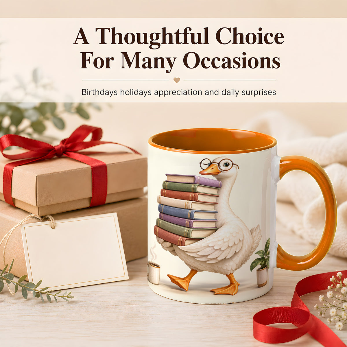 #pl[11oz|Orange] Reading Goose Coffee Mug, Book Stack Mug, Ceramic Cup