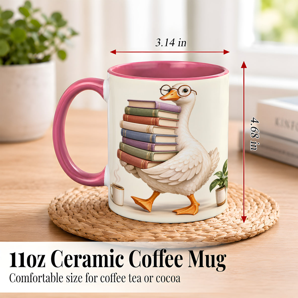 #pl[11oz|Pink] Reading Goose Coffee Mug, Book Stack Mug, Ceramic Cup