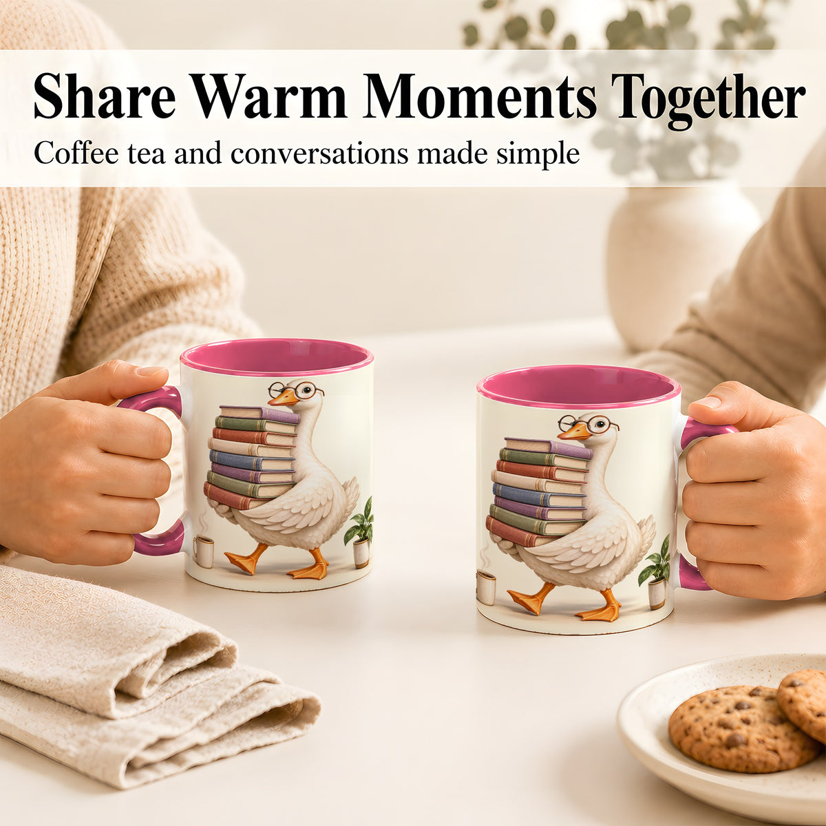 #pl[11oz|Pink] Reading Goose Coffee Mug, Book Stack Mug, Ceramic Cup