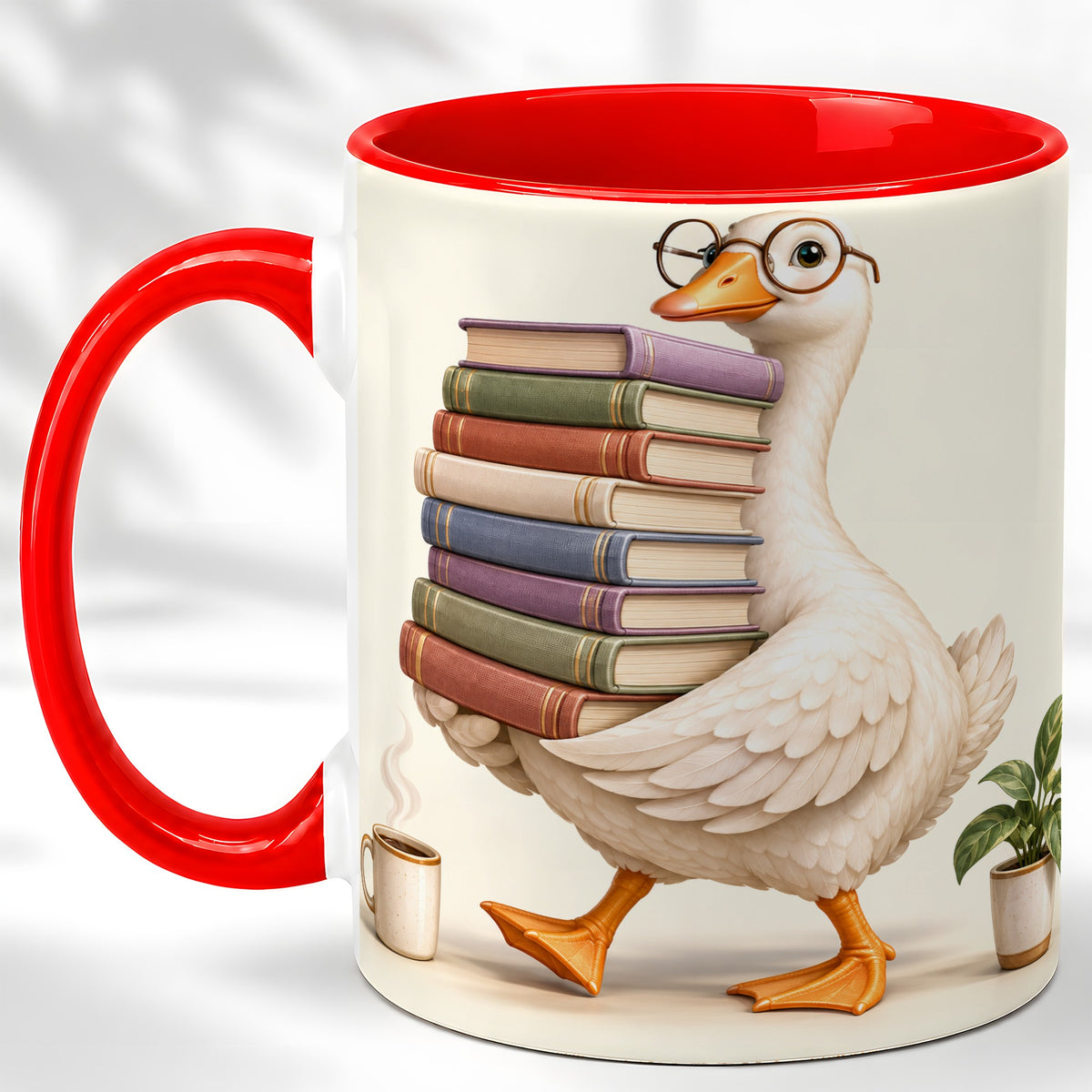 Reading Goose Coffee Mug, Book Stack Mug, Ceramic Cup