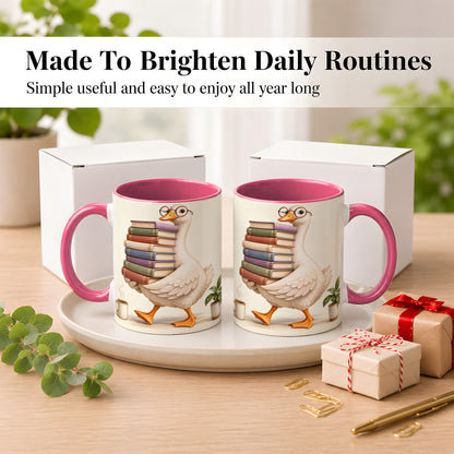 #pl[11oz|Pink] Reading Goose Coffee Mug, Book Stack Mug, Ceramic Cup