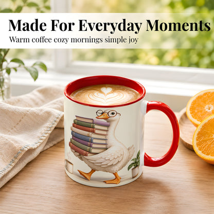 #pl[11oz|Red] Reading Goose Coffee Mug, Book Stack Mug, Ceramic Cup