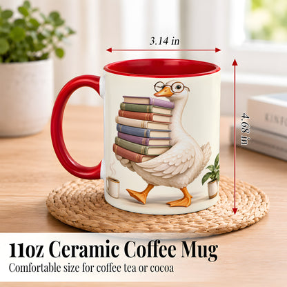 #pl[11oz|Red] Reading Goose Coffee Mug, Book Stack Mug, Ceramic Cup