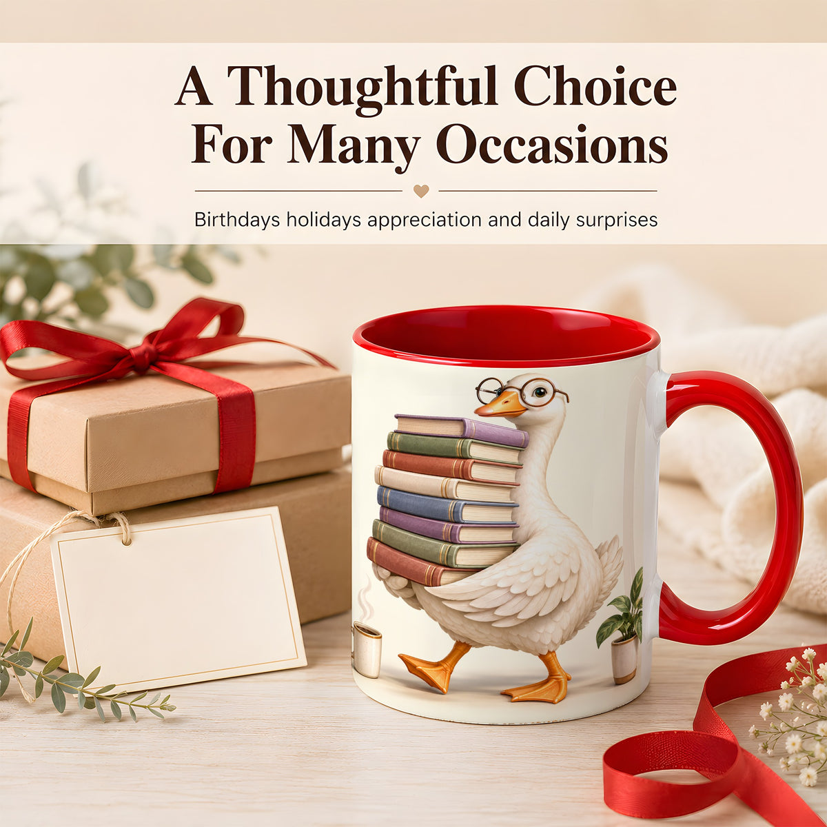 #pl[11oz|Red] Reading Goose Coffee Mug, Book Stack Mug, Ceramic Cup