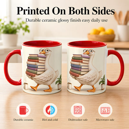 #pl[11oz|Red] Reading Goose Coffee Mug, Book Stack Mug, Ceramic Cup
