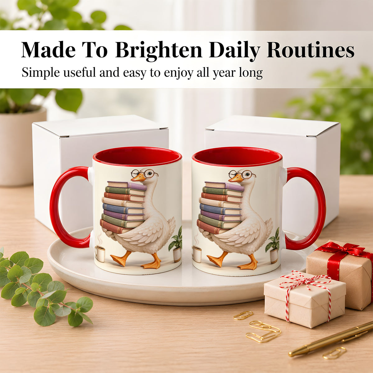 #pl[11oz|Red] Reading Goose Coffee Mug, Book Stack Mug, Ceramic Cup
