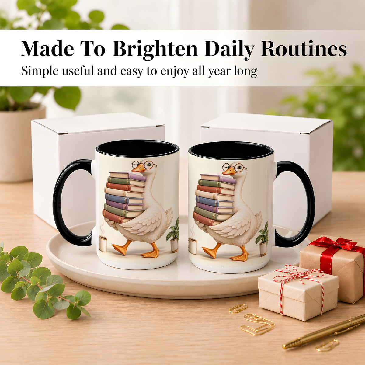 #pl[15oz|Black] Reading Goose Coffee Mug, Book Stack Mug, Ceramic Cup